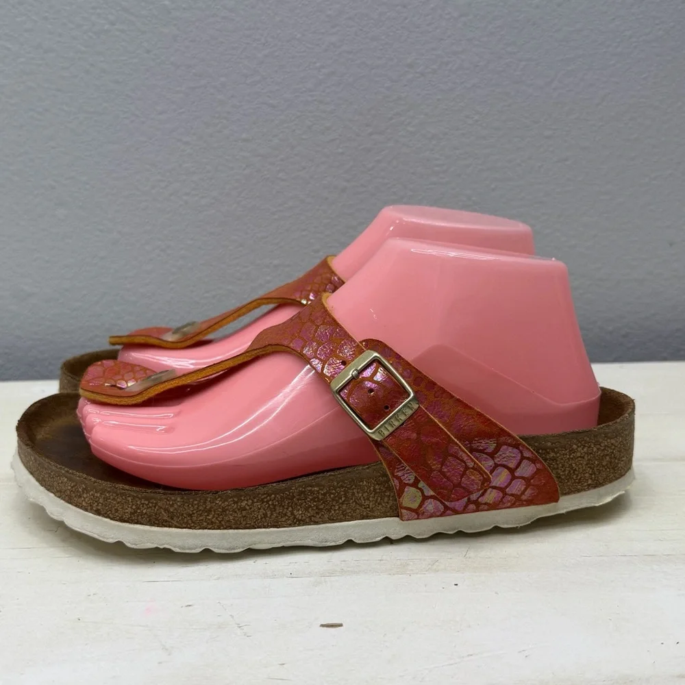 Birkenstock Orange Snake Leather Gizeh Sandals Size 38